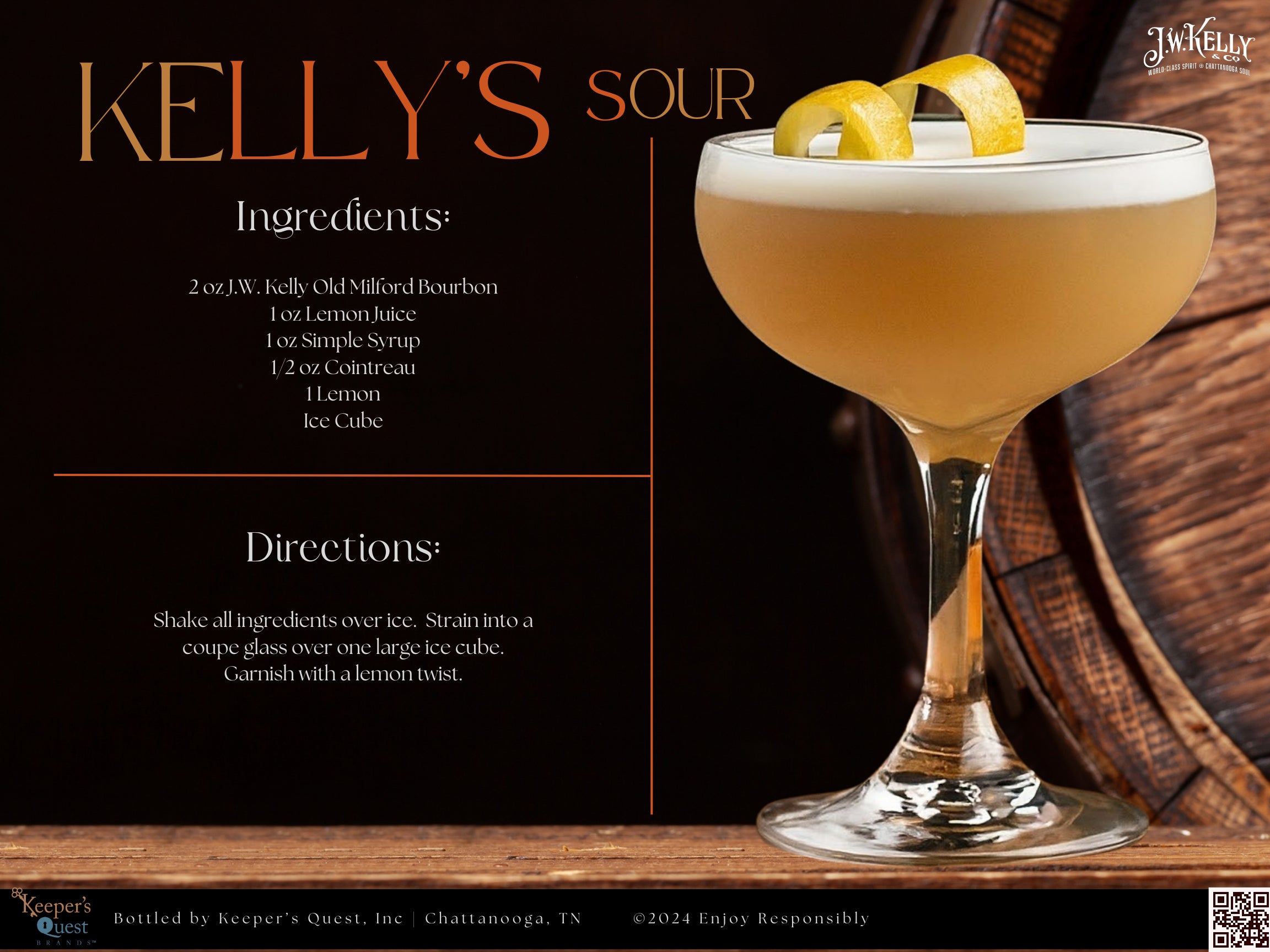 Official J.W. Kelly Kelly's Sour bourbon cocktail recipe card