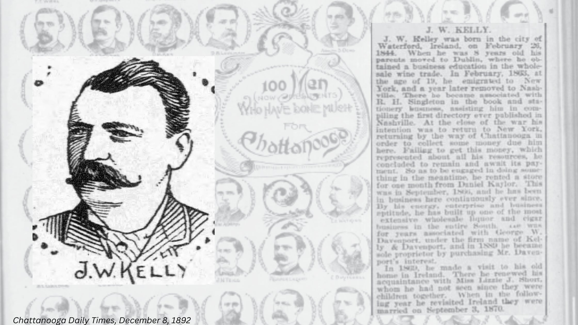 1892 Chattanooga newspaper feature recognizing J.W. Kelly