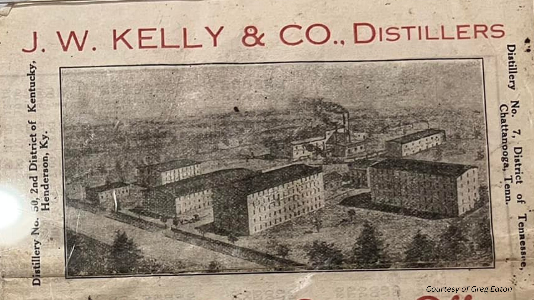 Historic illustration of J.W. Kelly and Company distilling operations in Kentucky