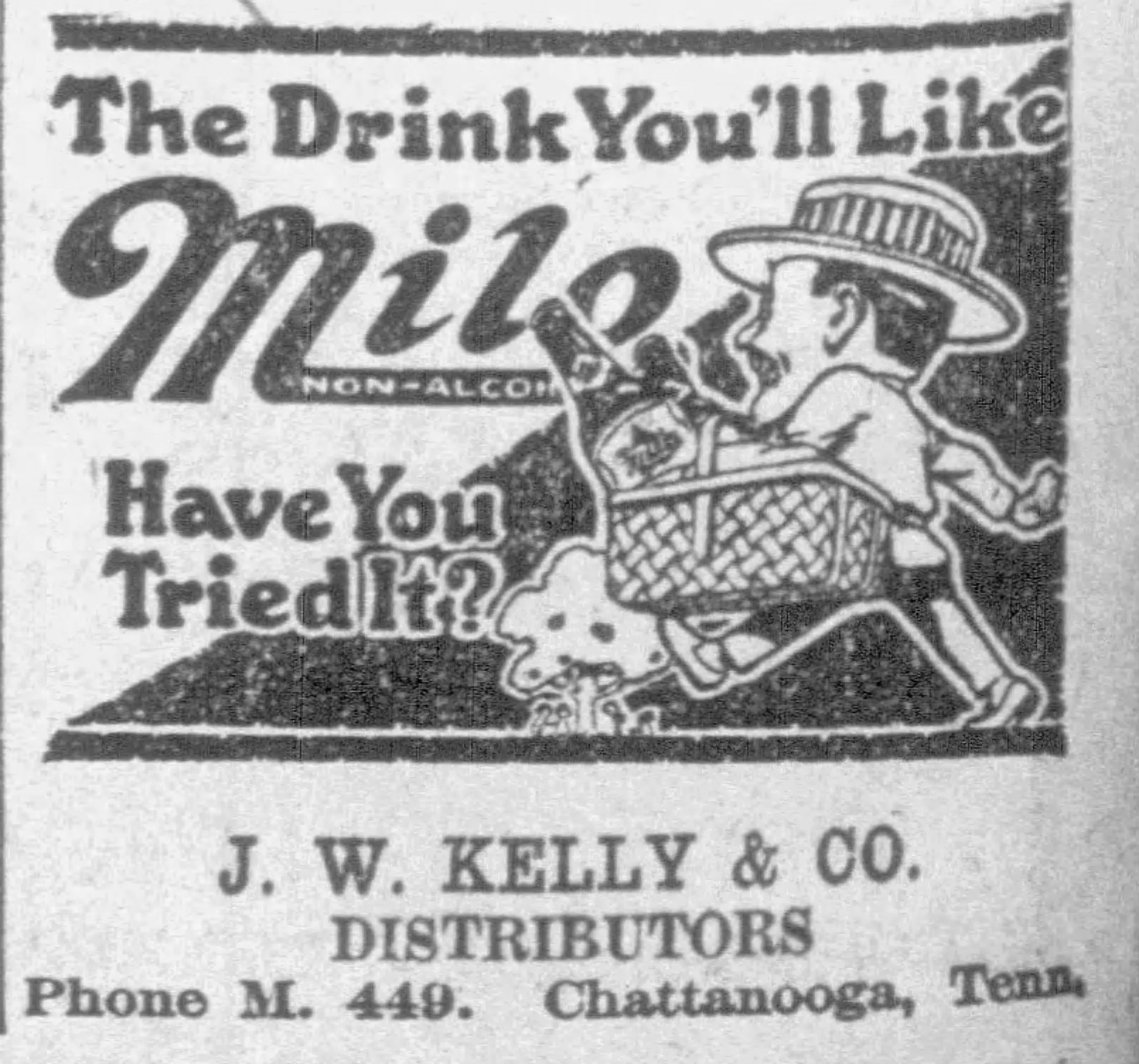 Vintage J.W. Kelly and Company advertisement for Milo non-alcoholic beverage